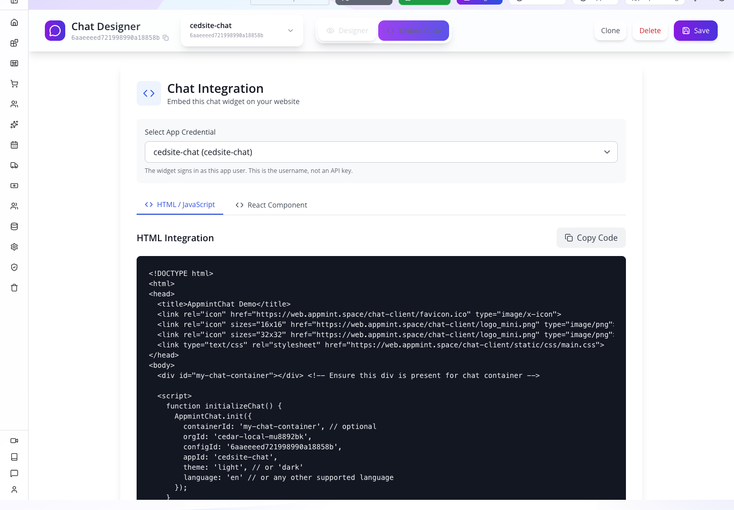 The generated embed and app credential selection.