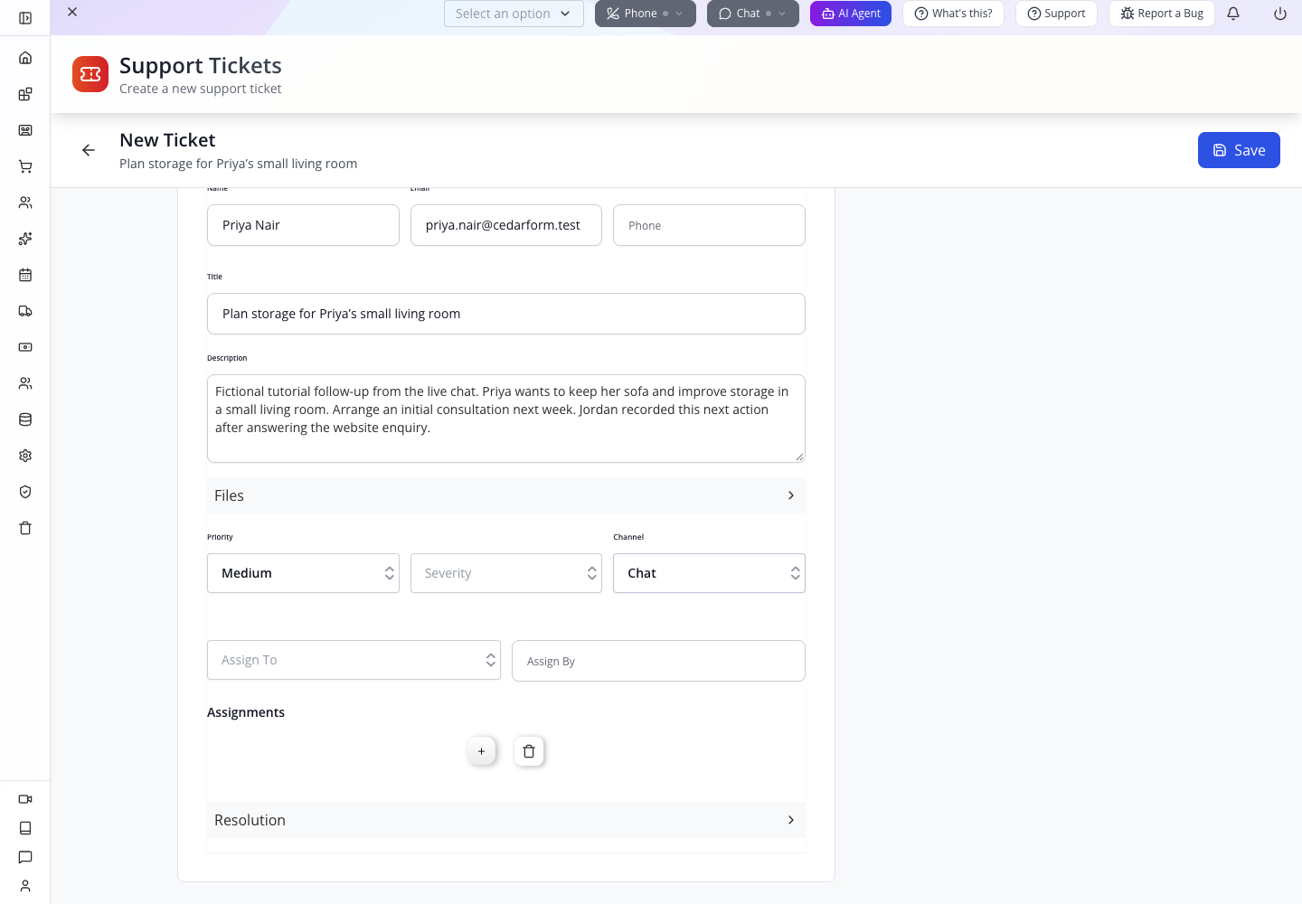 The manual follow-up ticket before saving.