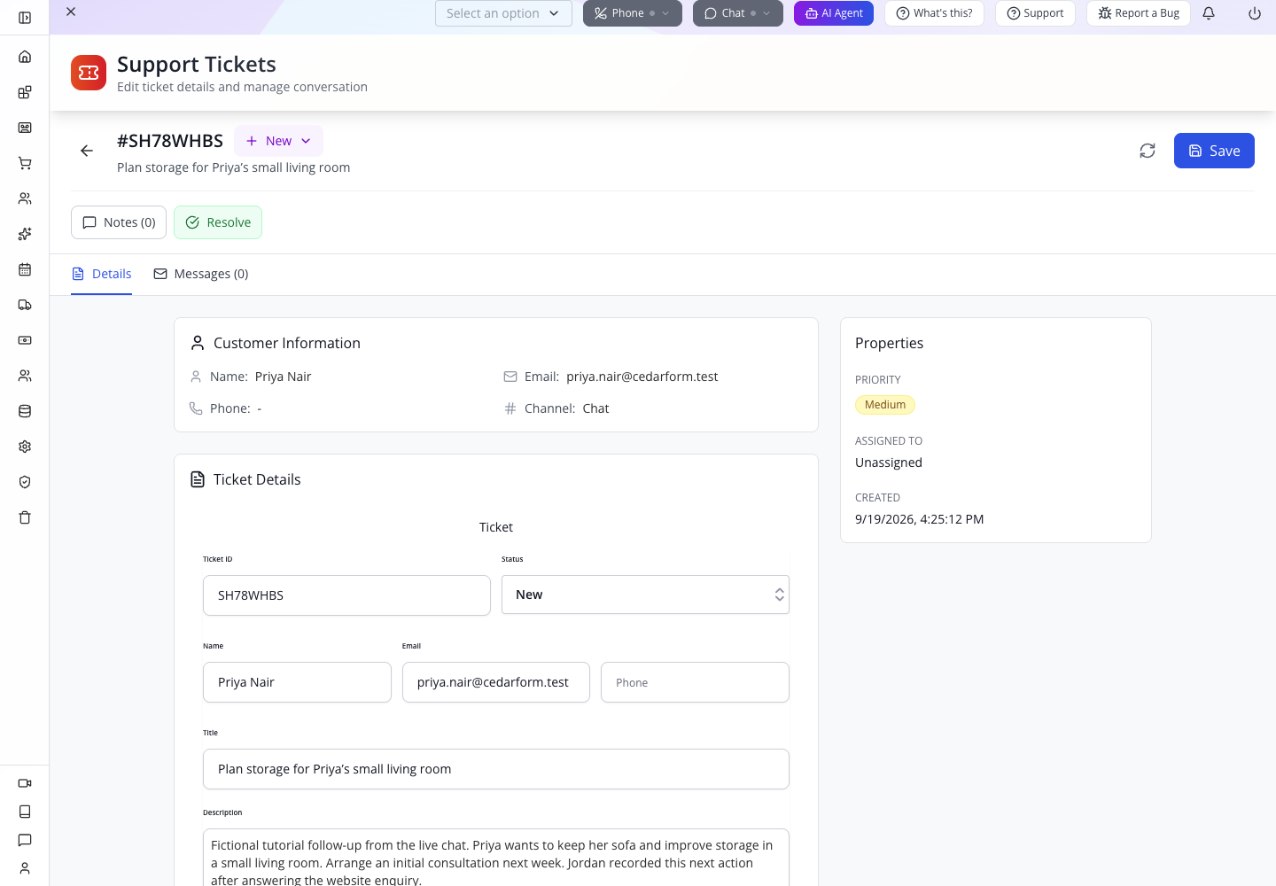 The reopened ticket retains its title, customer and context.
