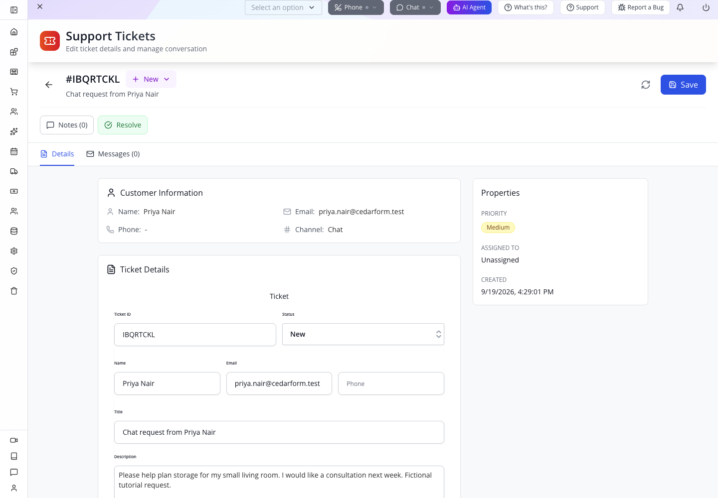 The reopened automatic ticket contains the visitor’s actual request.