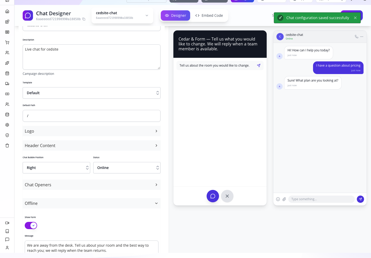 Final saved configuration: Online, with the tested away form ready.