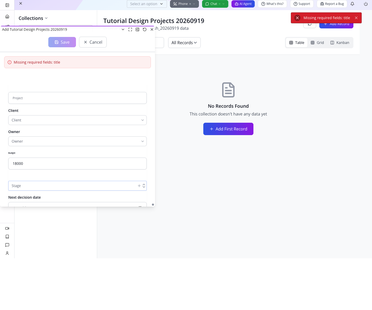 The form rejects a project without its required title.