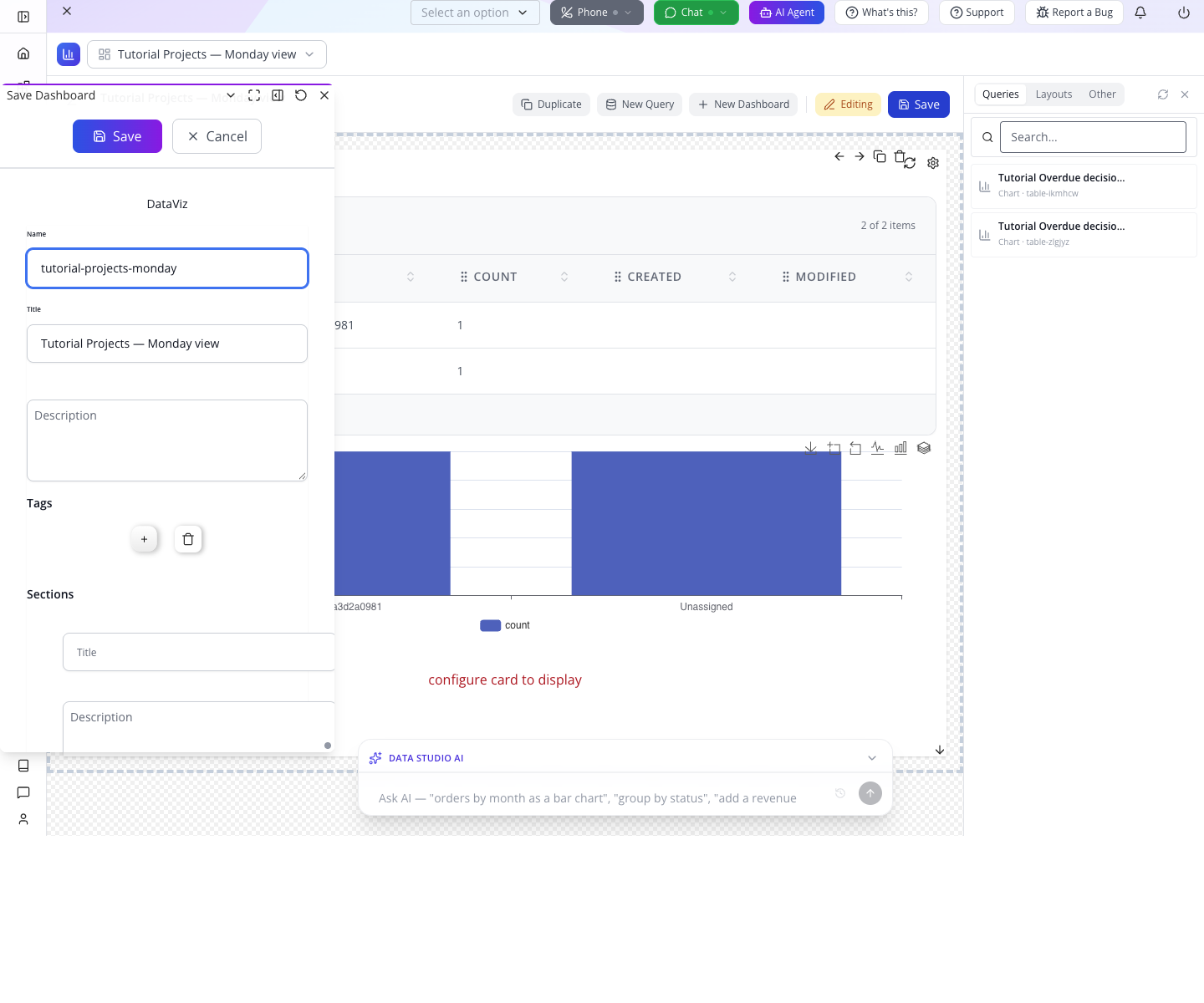 Saving a dashboard includes a metadata confirmation form.