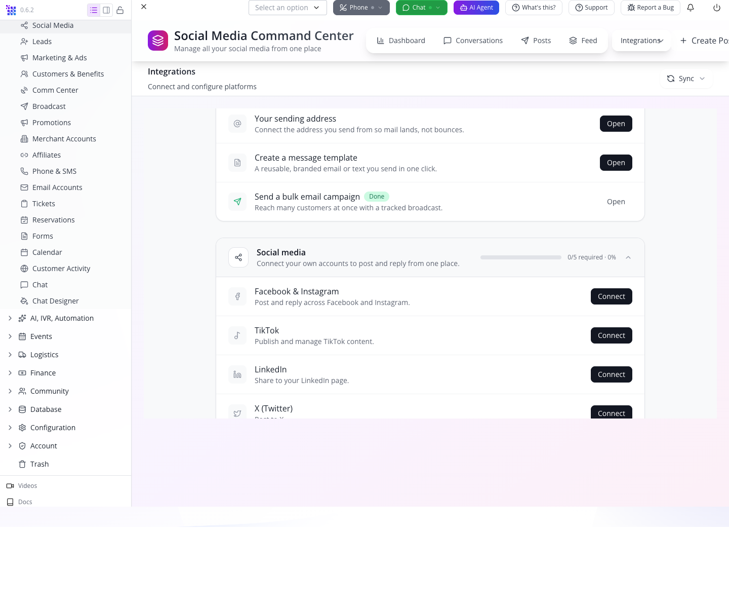 Integrations opens the setup screen.