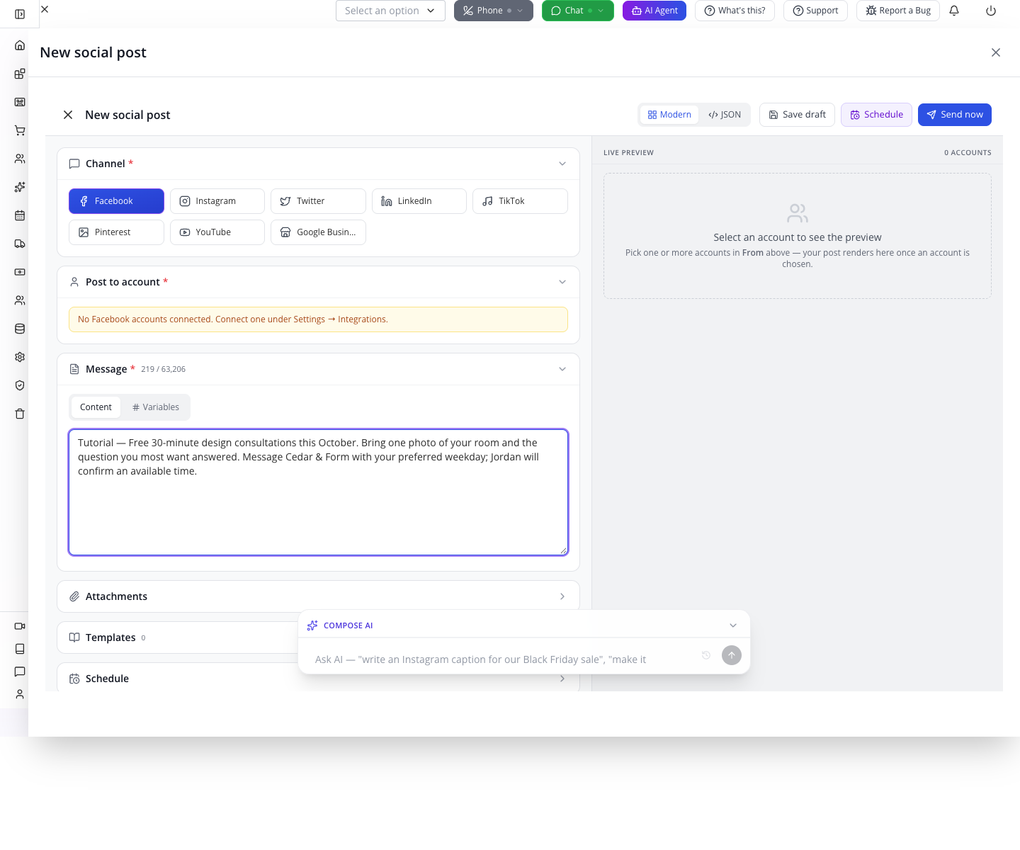 Explicit Facebook selection and the Save draft control.