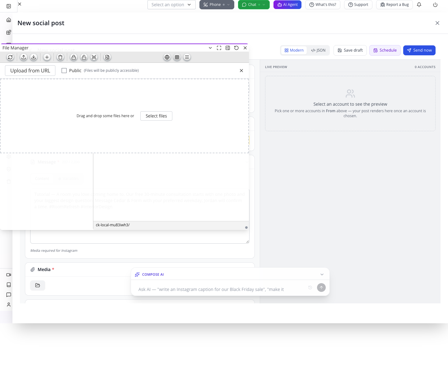 File Manager opened from the Instagram Media section.