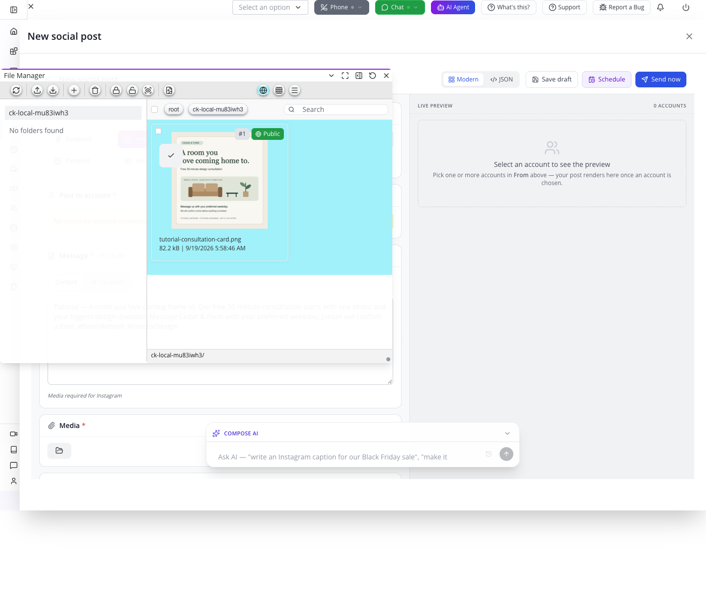The uploaded consultation card appears in File Manager with a Public badge.