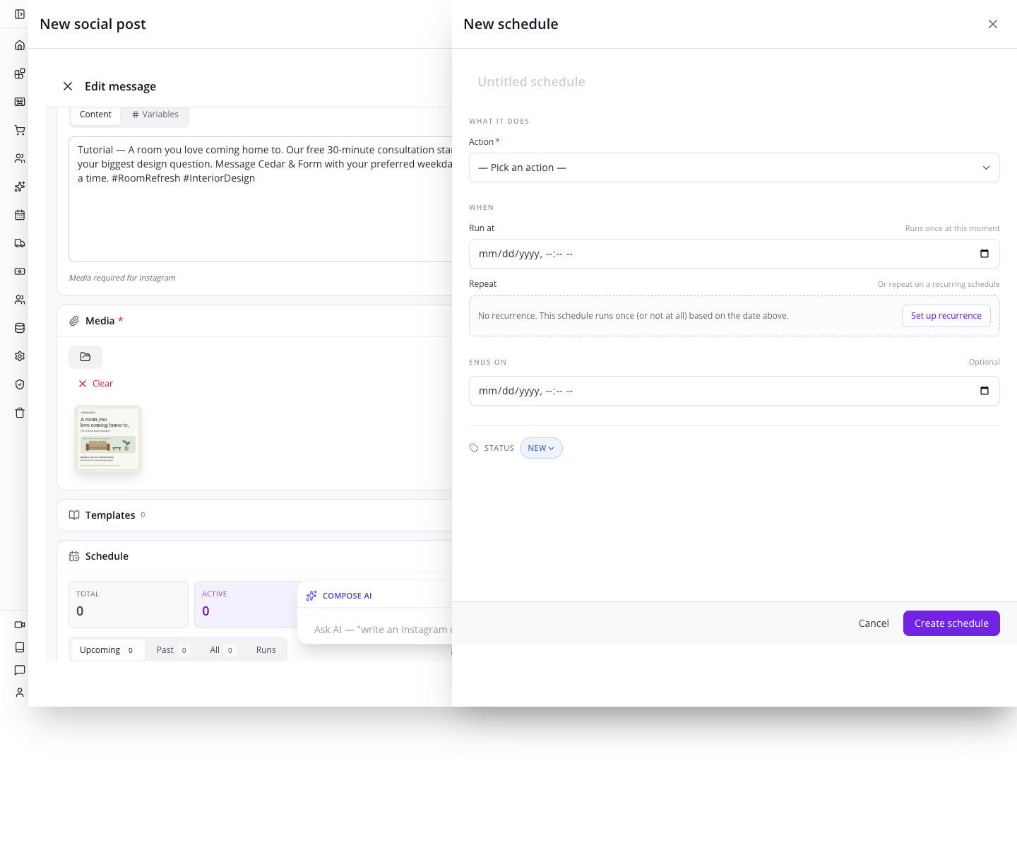 Schedule editor inspected without creating a timing record.