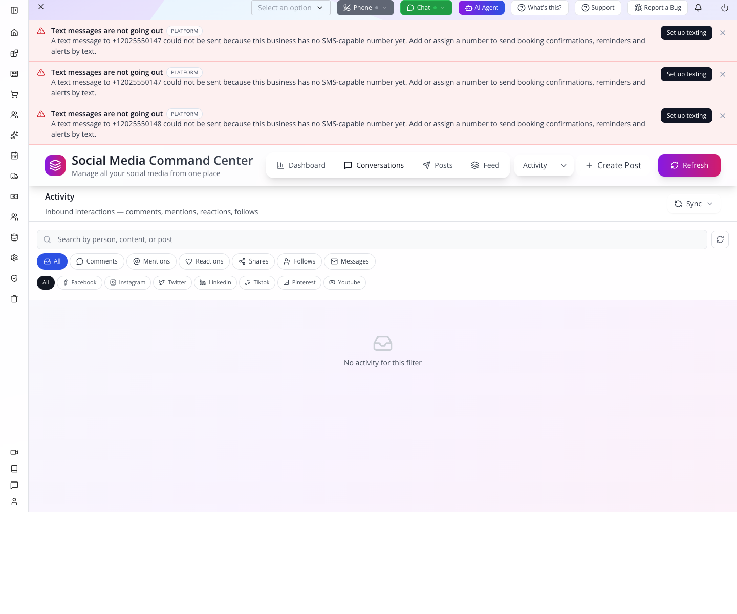 Activity filters for interaction type and platform.