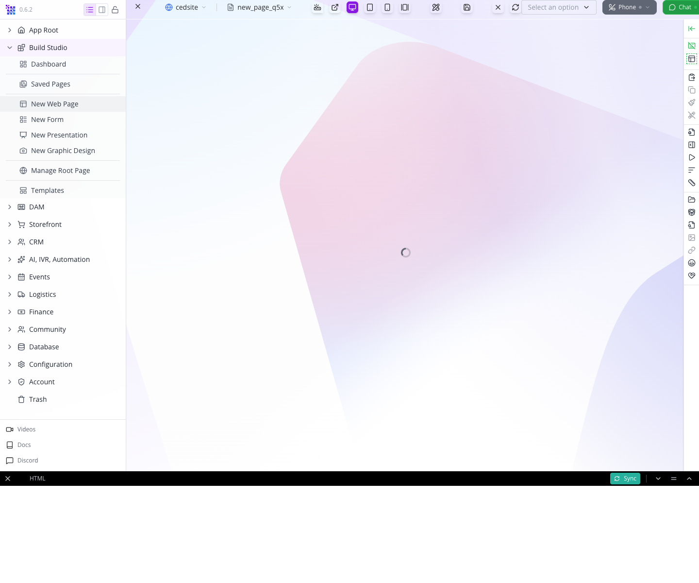 New Web Page opens the editing surface with site and page selectors above it.