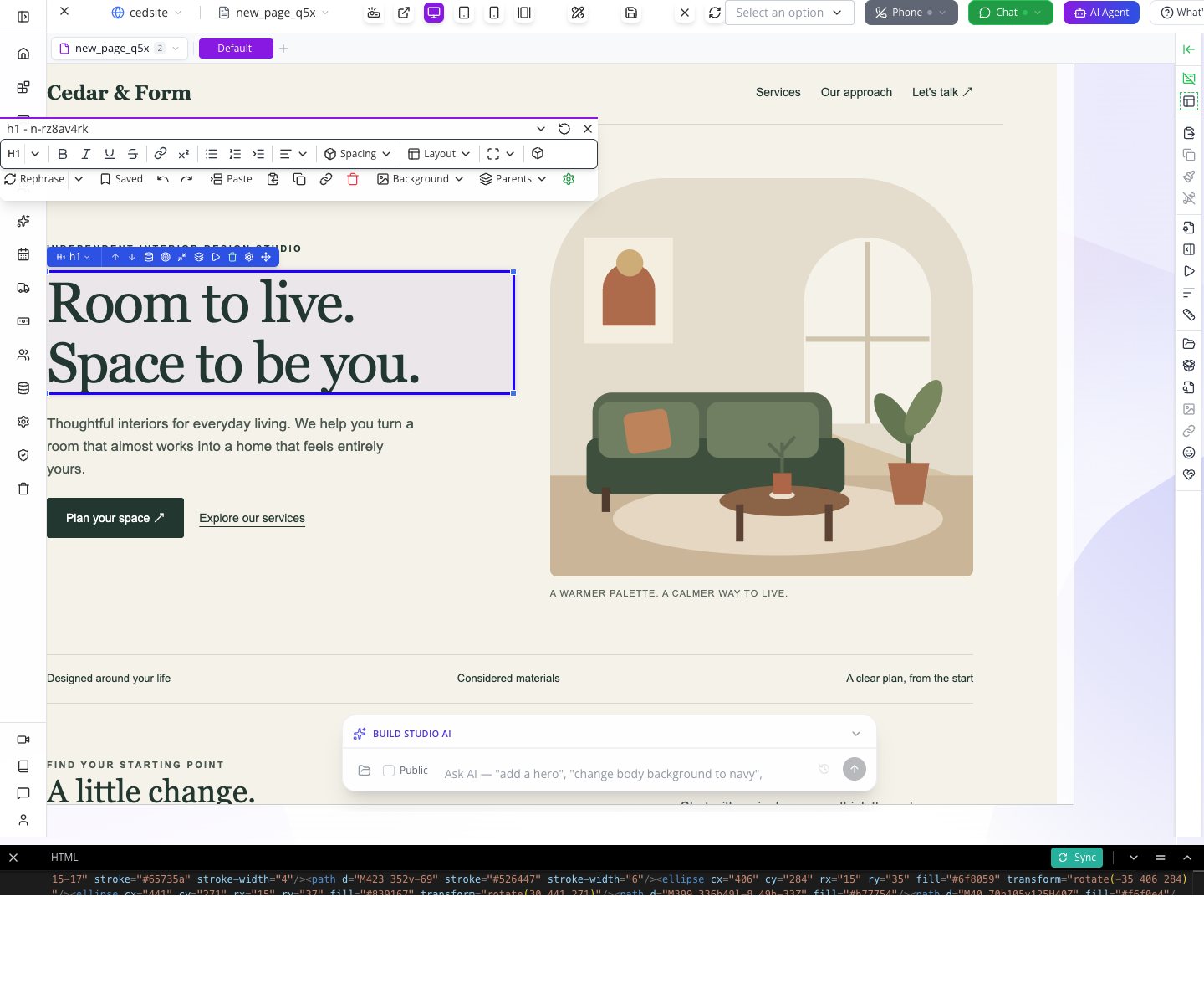 A selected headline has an outline and its own editing controls.