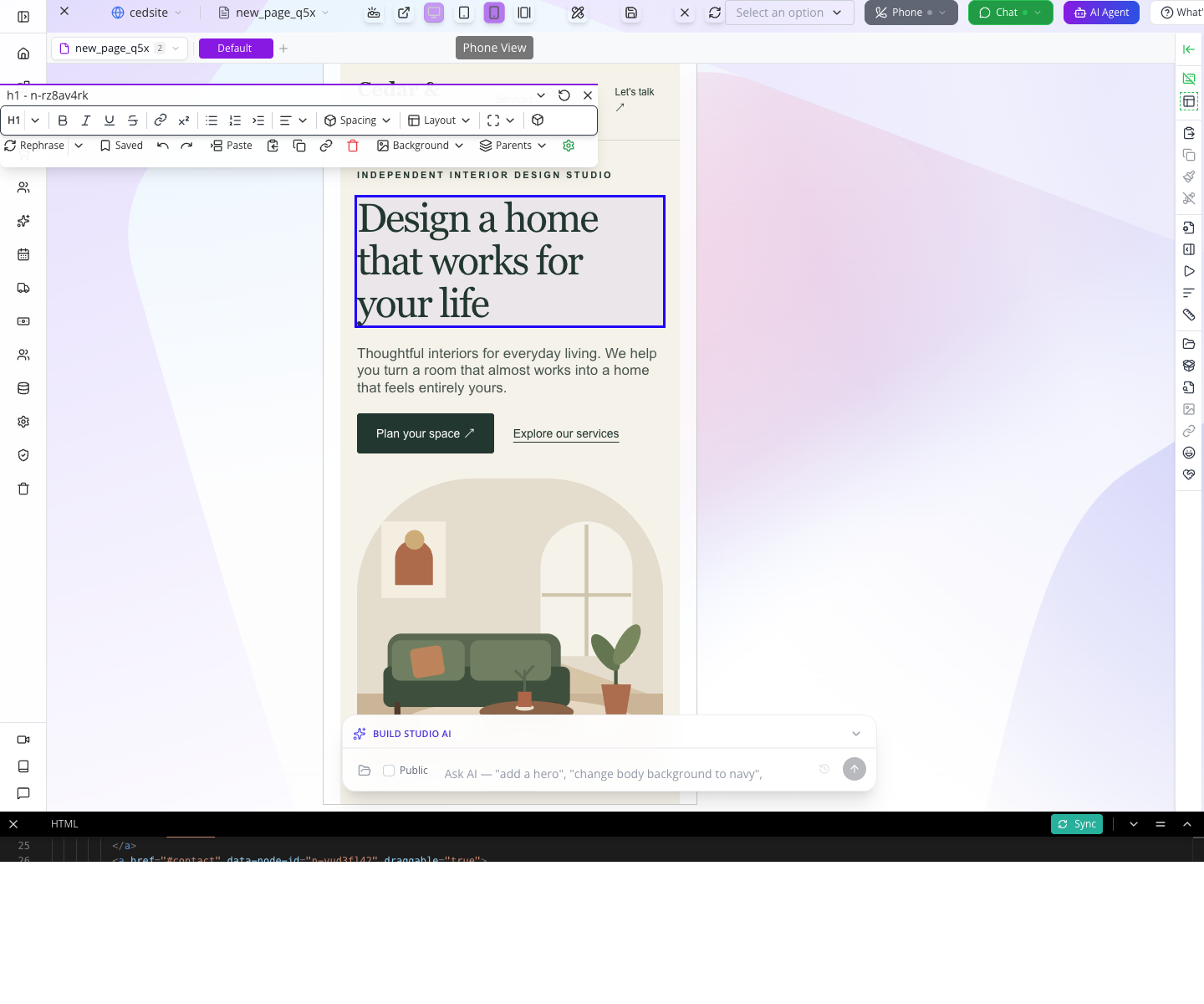 Phone View showing the narrow, stacked canvas in the local editor.