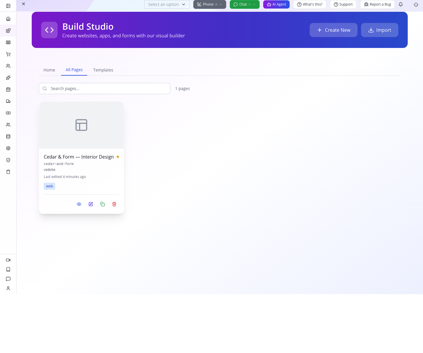 All Pages provides page cards with an Edit control.