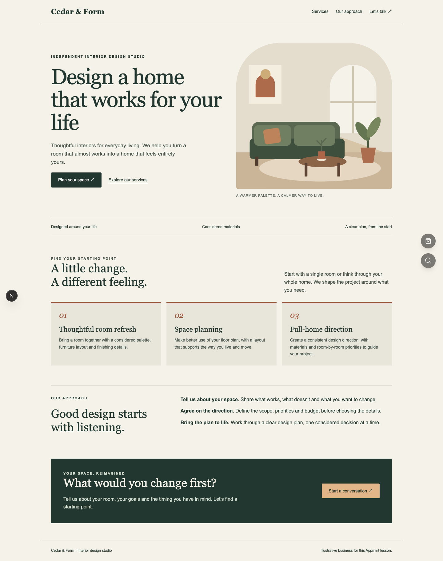 The finished Cedar & Form homepage, opened without a Studio login.
