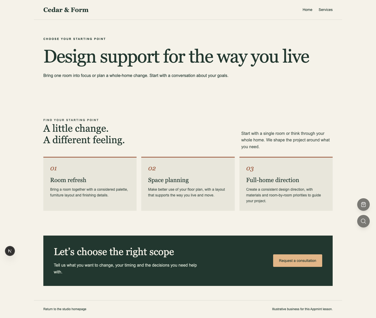 The distinct Services page reached from the homepage navigation.