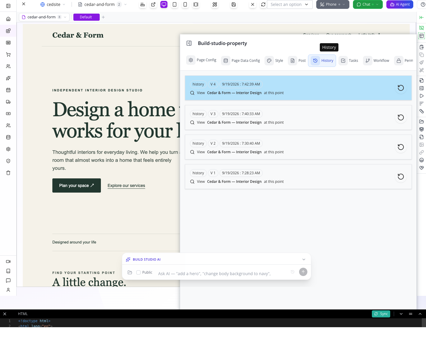 The saved homepage's History contains four earlier versions.