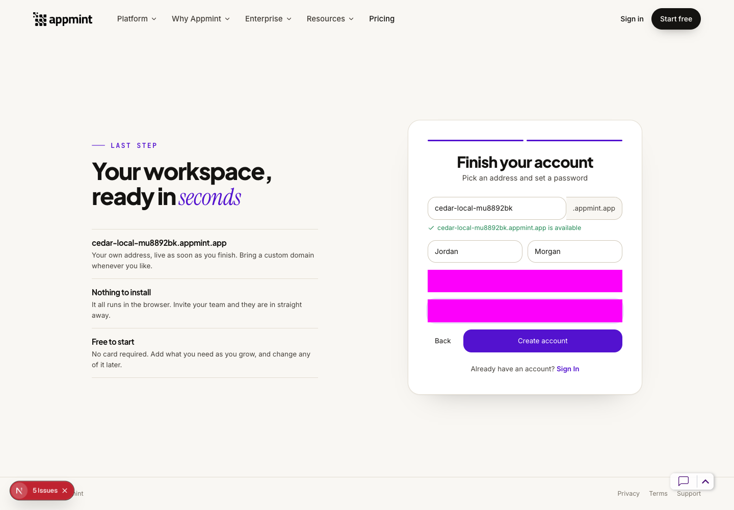 Completed local account fields with the available address