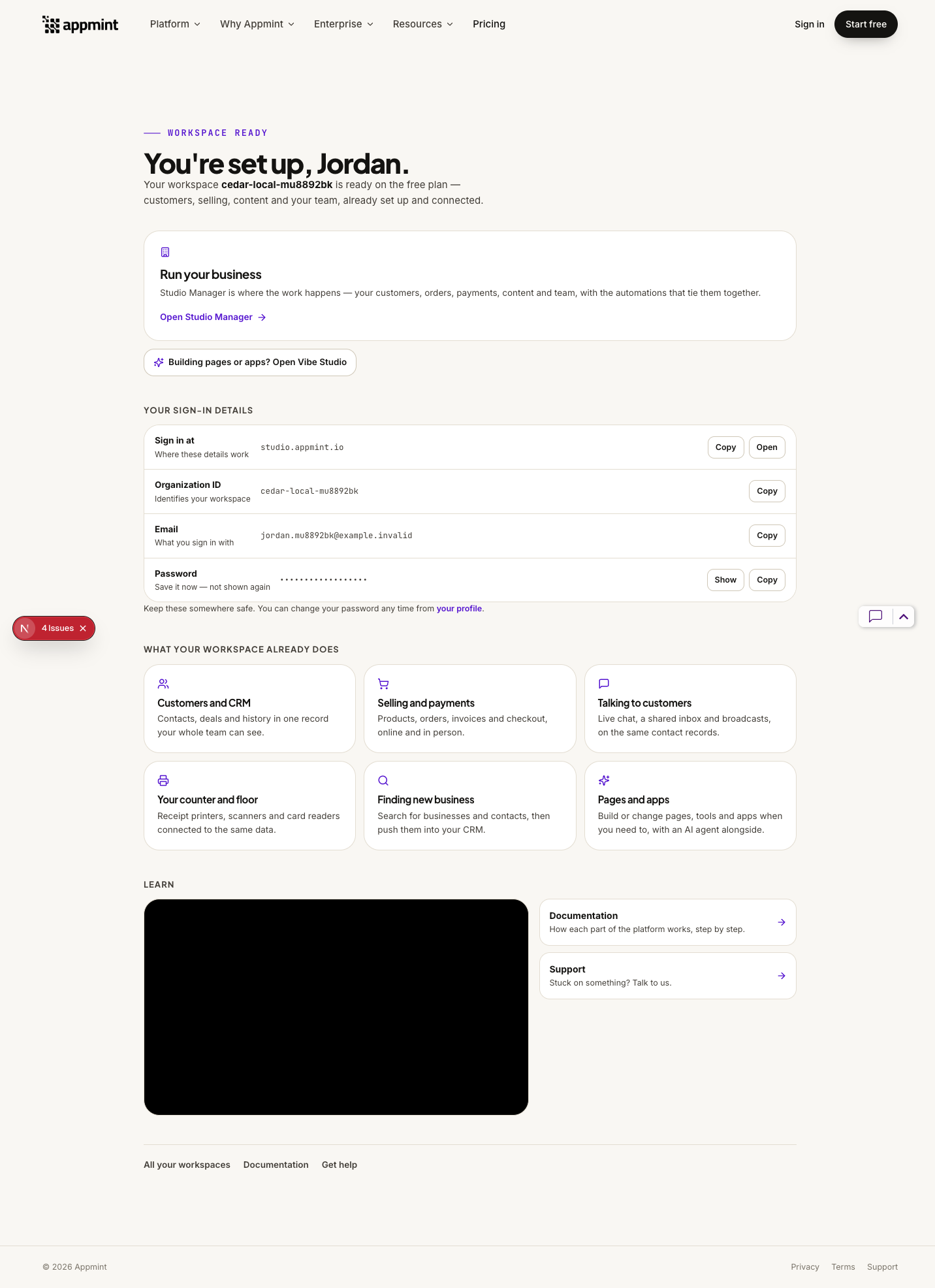 The successful Appmint signup welcome