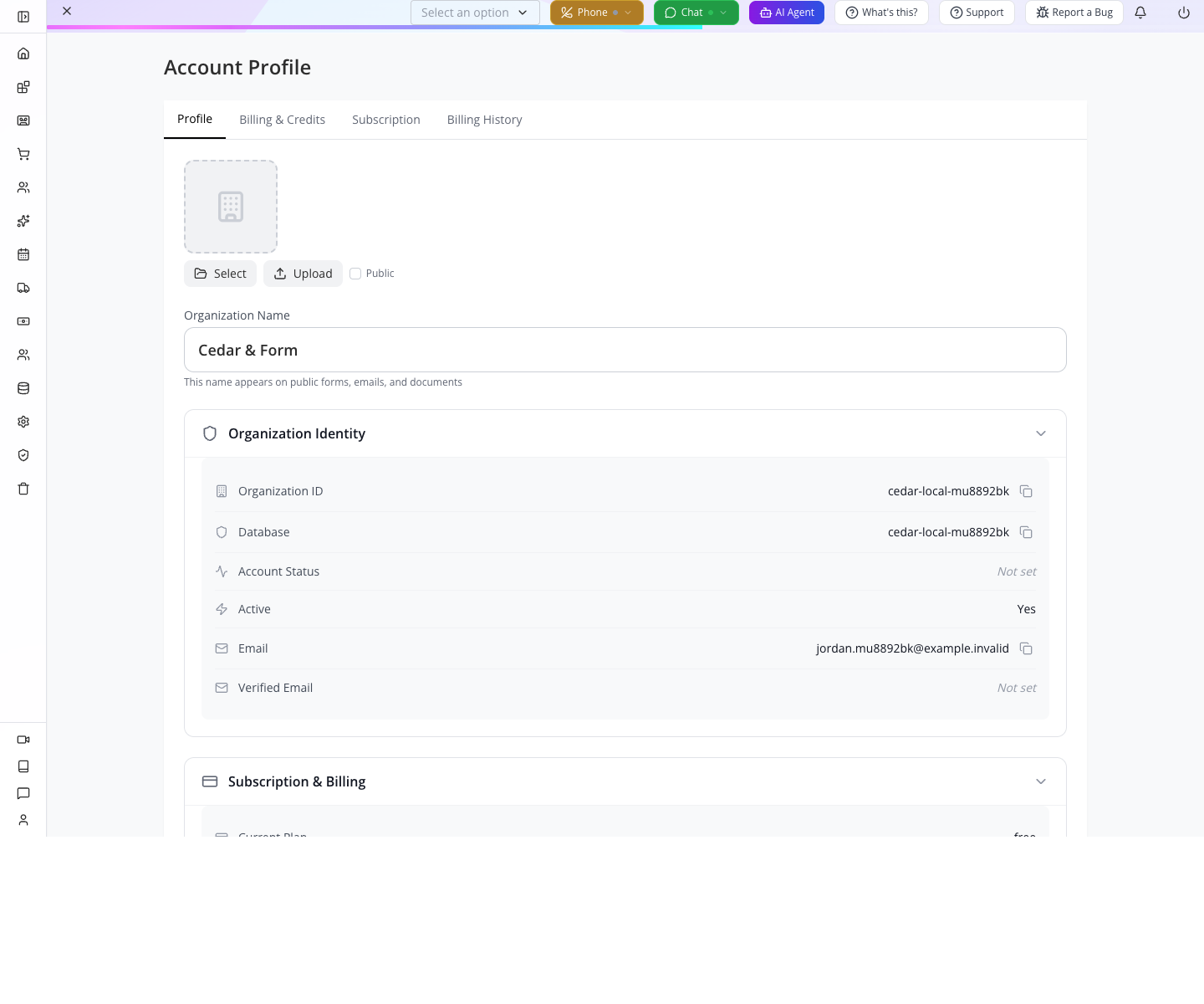 Organisation profile with the saved business identity