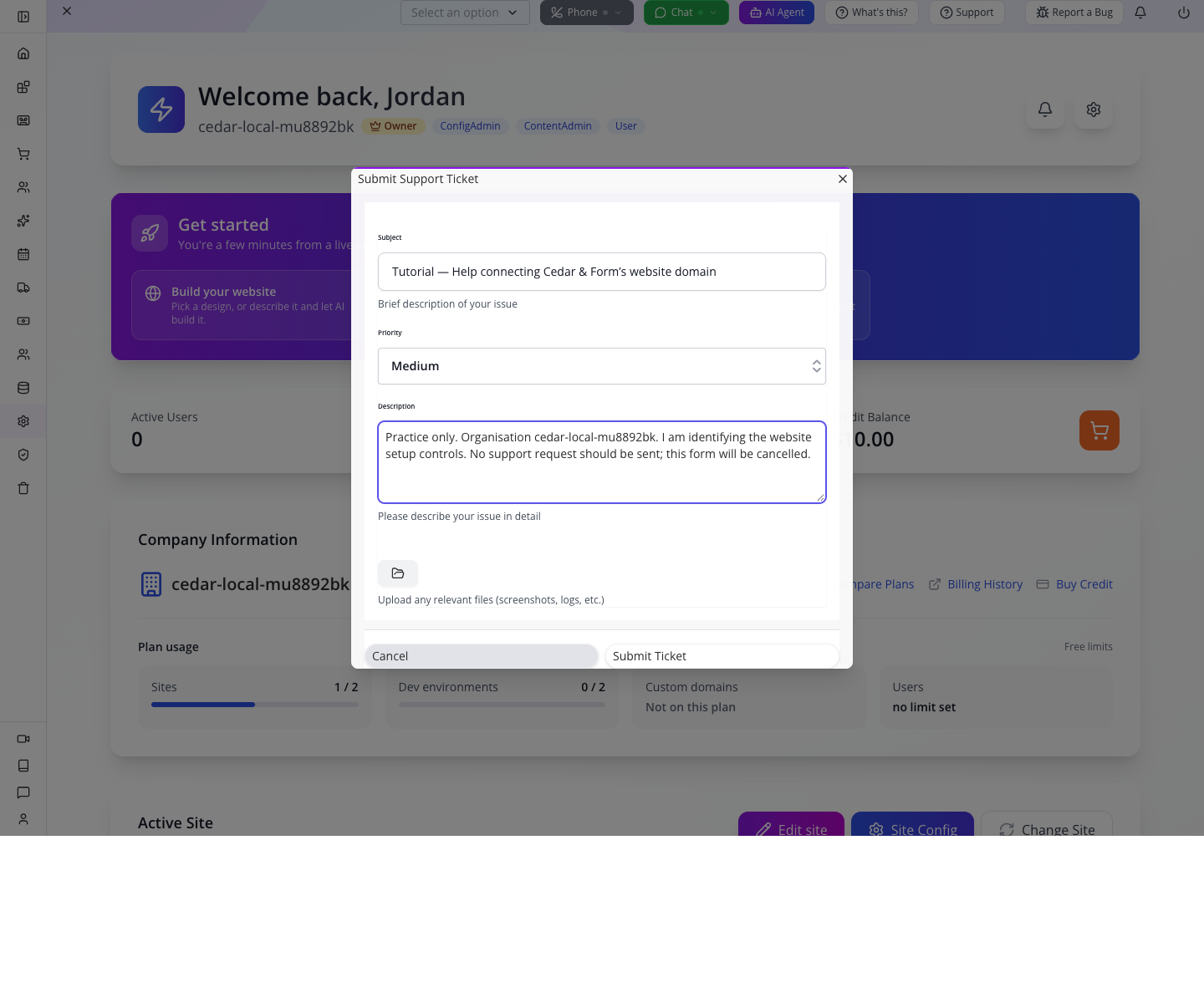 The actual support ticket form