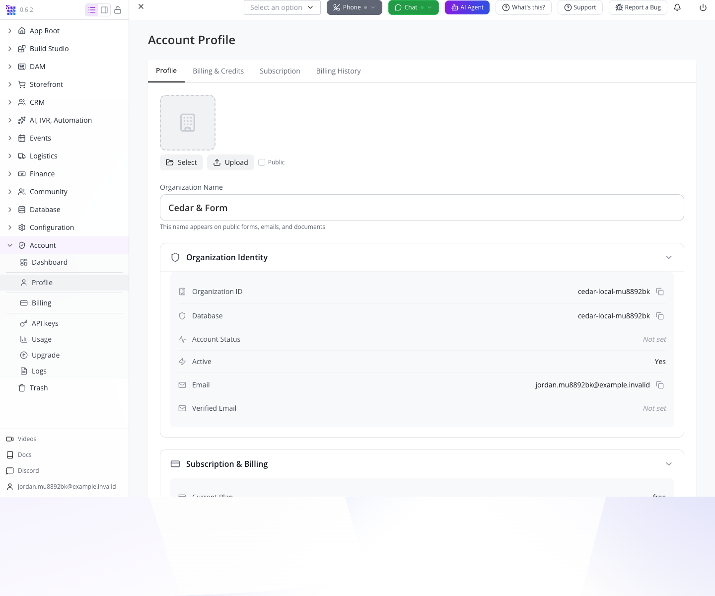 Account expanded, with its Profile entry