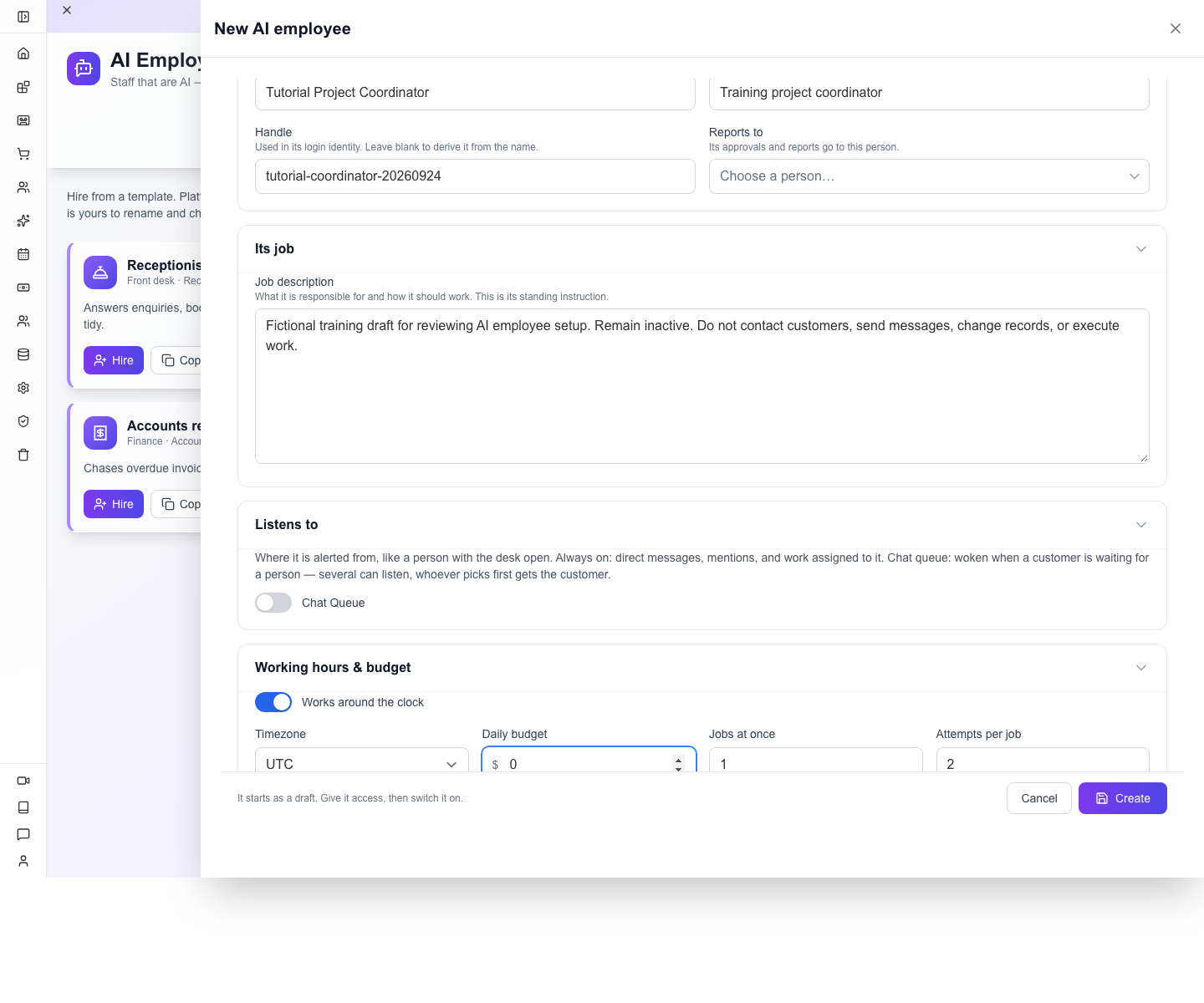 Completed draft form before selecting Create