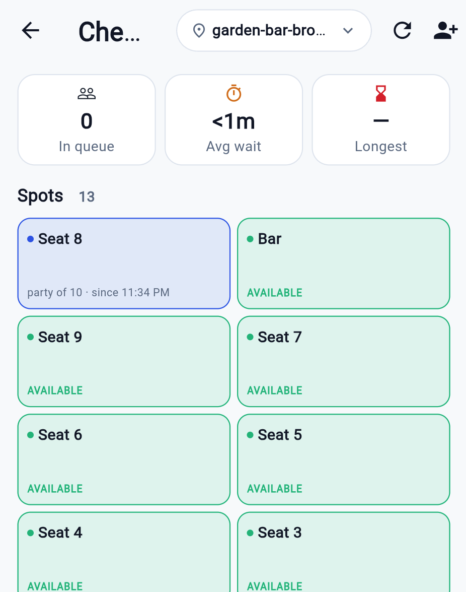 Check-in — queue stats (in queue, average and longest wait), every spot with its live status and seated party, then the queue and upcoming reservations.