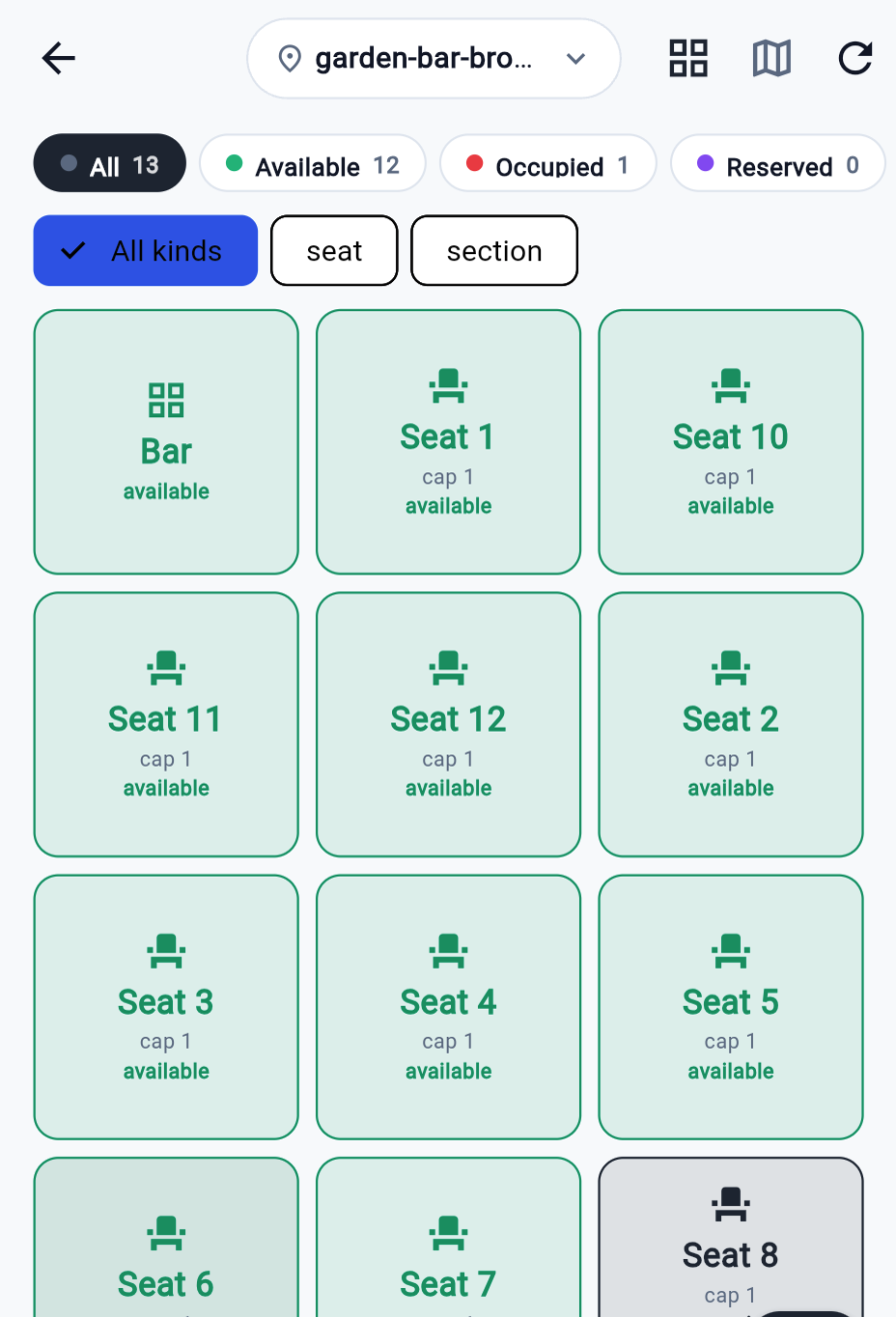 Floor — service points for one location with status chips (Available / Occupied / Reserved), kind filters, and grid or map view.