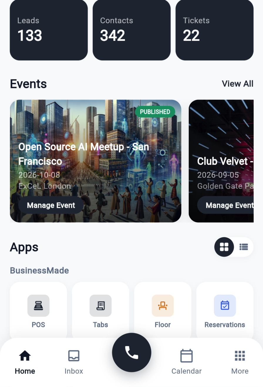 Home in grid view — the BusinessMade tiles (POS, Tabs, Floor, Reservations, Check-in, Take payment) and the bottom bar.