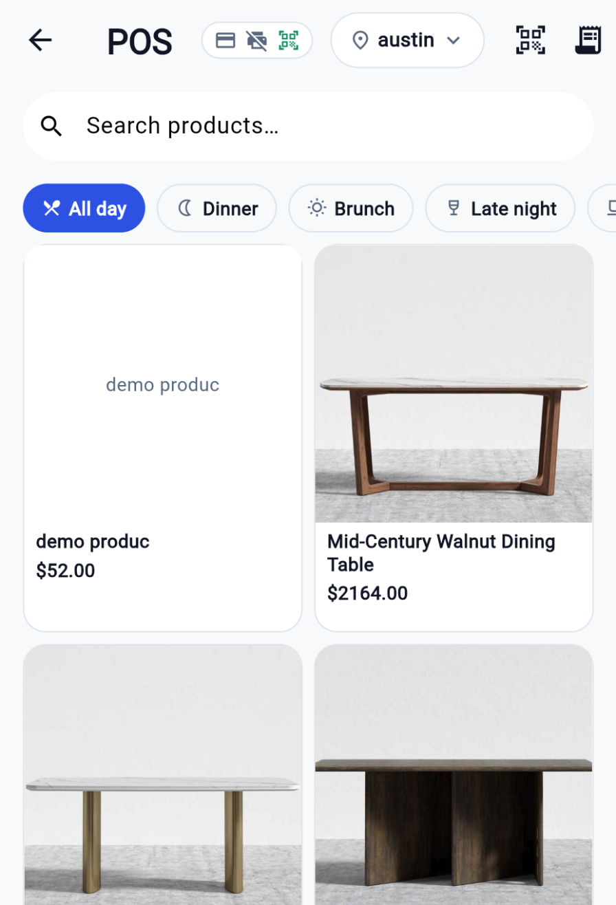 POS — search, day-part chips, the product grid, and the scanner and receipt actions in the header.