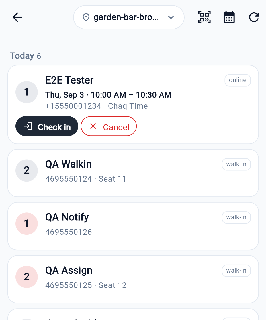 Reservations — grouped Today / Upcoming / Past, party size, time window, guest phone, assigned seat, and Check in / Cancel on today's parties.
