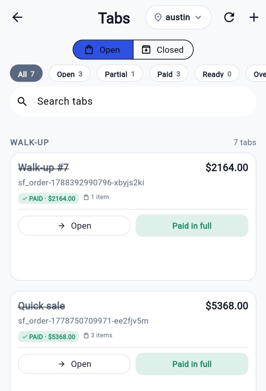 Tabs — Open / Closed toggle, status chips with counts, search, and a card per tab with Open and Settle.