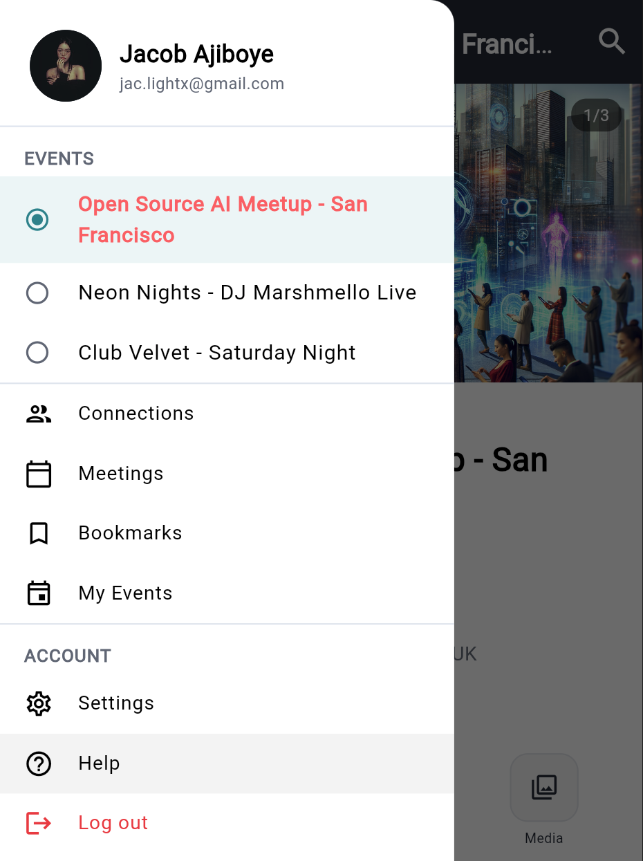 The drawer — switch events, Connections, Meetings, Bookmarks, My Events and Log out.