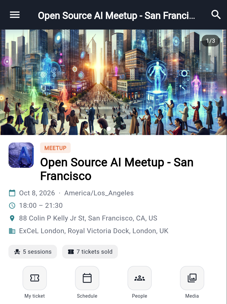 Inside an event — Home with the quick actions and the bottom tabs.
