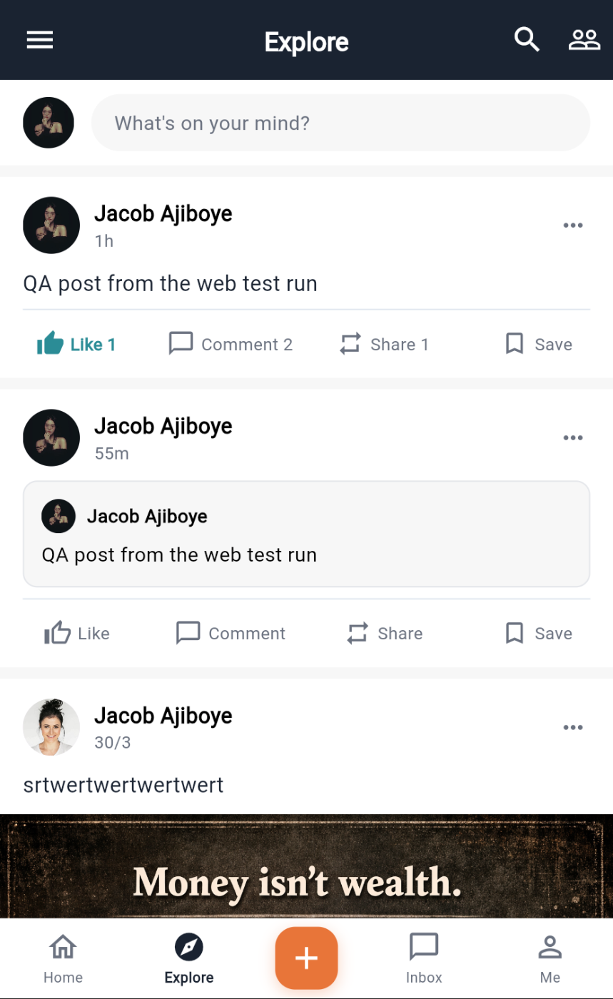 Explore — composer, a post with Like / Comment / Share / Save counts, and a repost with the original embedded.