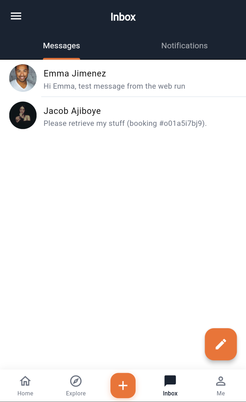 Inbox — Messages and Notifications tabs, one row per thread, and the new-message button.