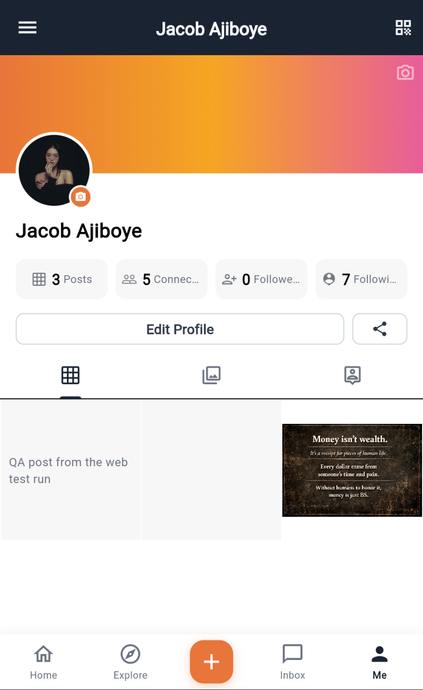 Me — cover and avatar, counts, Edit Profile, share, and the Posts / Media / About tabs.