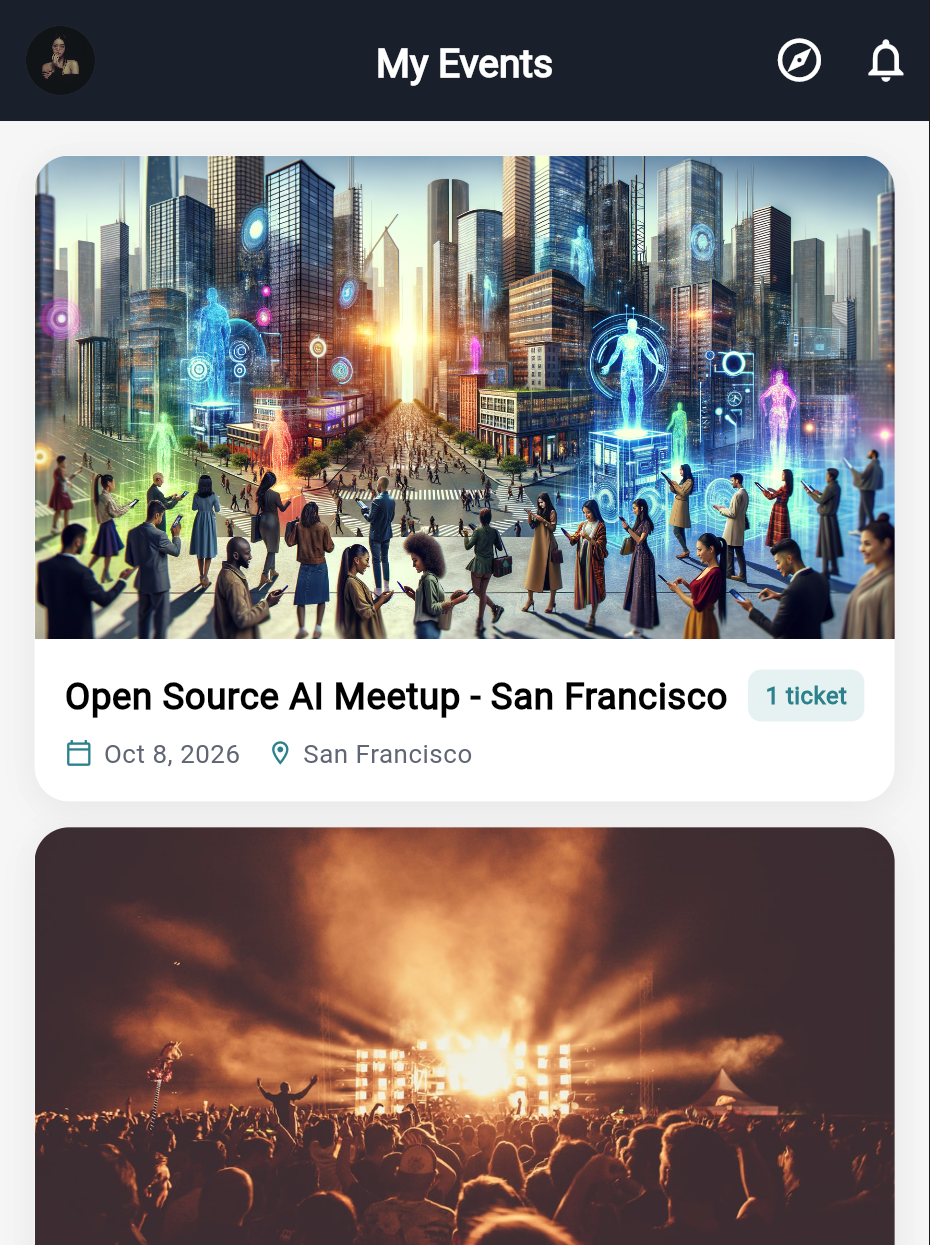 Signed in — My Events lists every event you hold a ticket for.