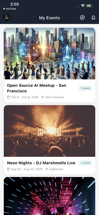 My Events — every event the attendee holds a ticket for.