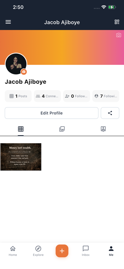 Attendee profile — posts, connections and a QR profile card for networking.