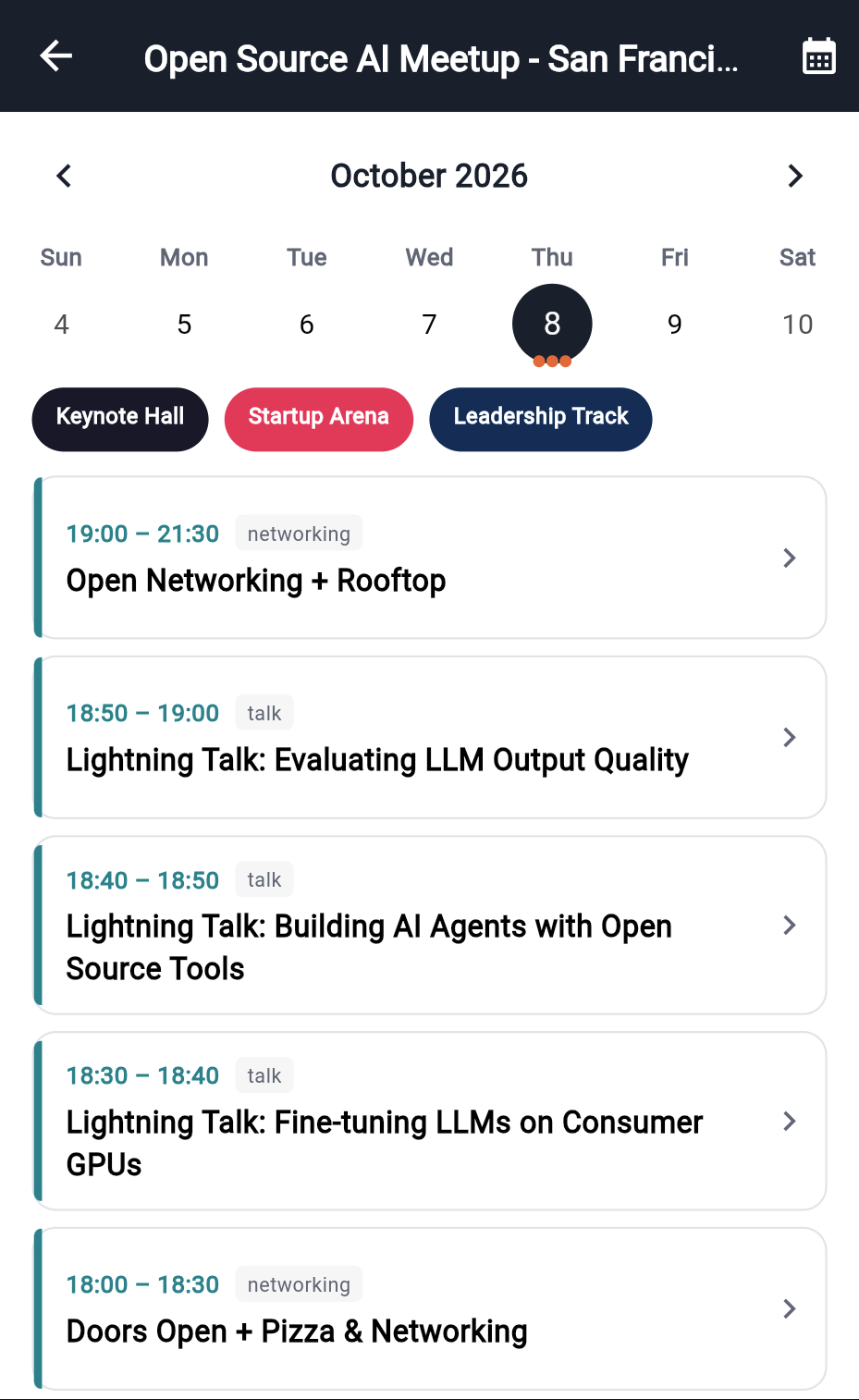 Schedule — week view on the event day, track pills, session cards with time and type.
