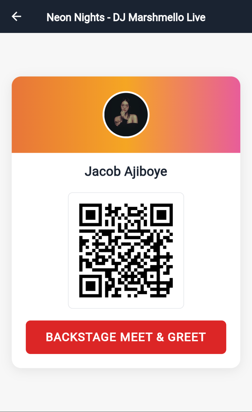 A ticket — holder, ticket type and the rotating QR code staff scan.